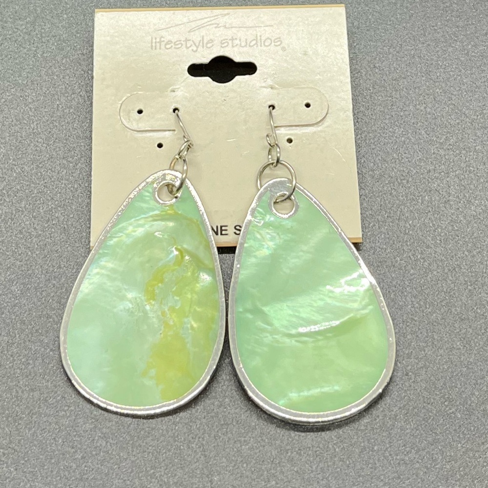 Earrings Silver Sage Green Genuine Shell Lifestyle Studios Vintage Pierced Ears